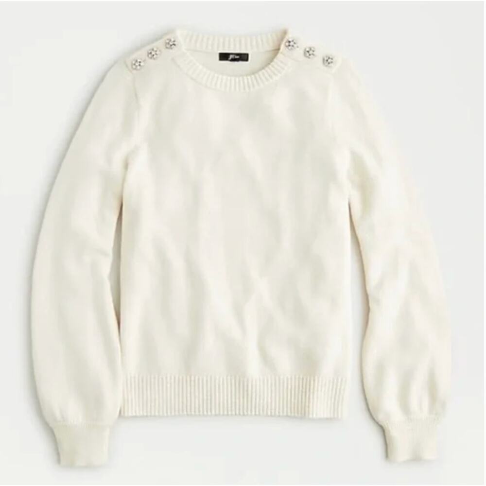 J. Crew Crewneck Sweater Jeweled Buttons Ivory Small